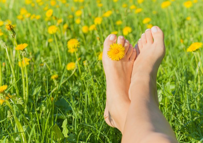 Young woman's barefoot in the grass with a dandelion between toes, symbolizing foot care and relaxation