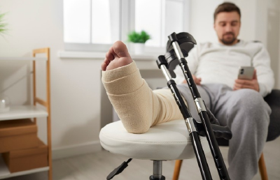 A man with a cast on his foot is seated in a chair with crutches, on Shipley Street, DE
